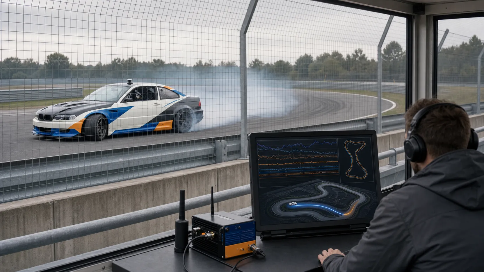 Auto in drifting monitorata da un tecnico in una postazione telemetrica protetta