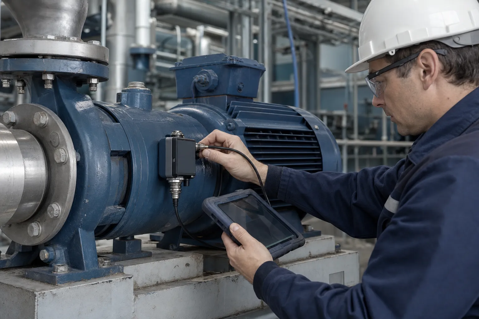 Tecnico che installa e verifica un sensore IoT su una pompa industriale