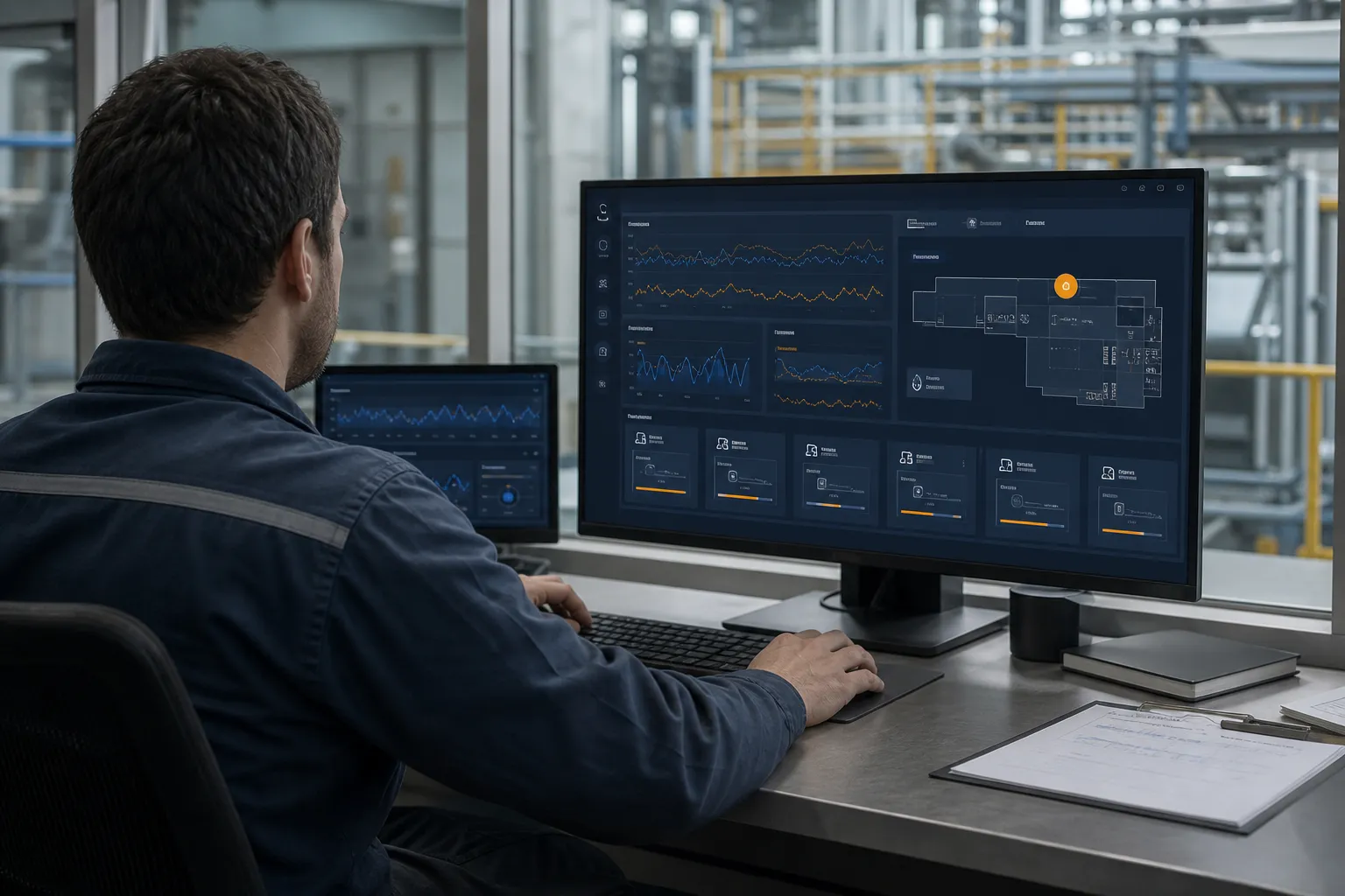 Operatore che consulta una dashboard di monitoraggio IoT industriale