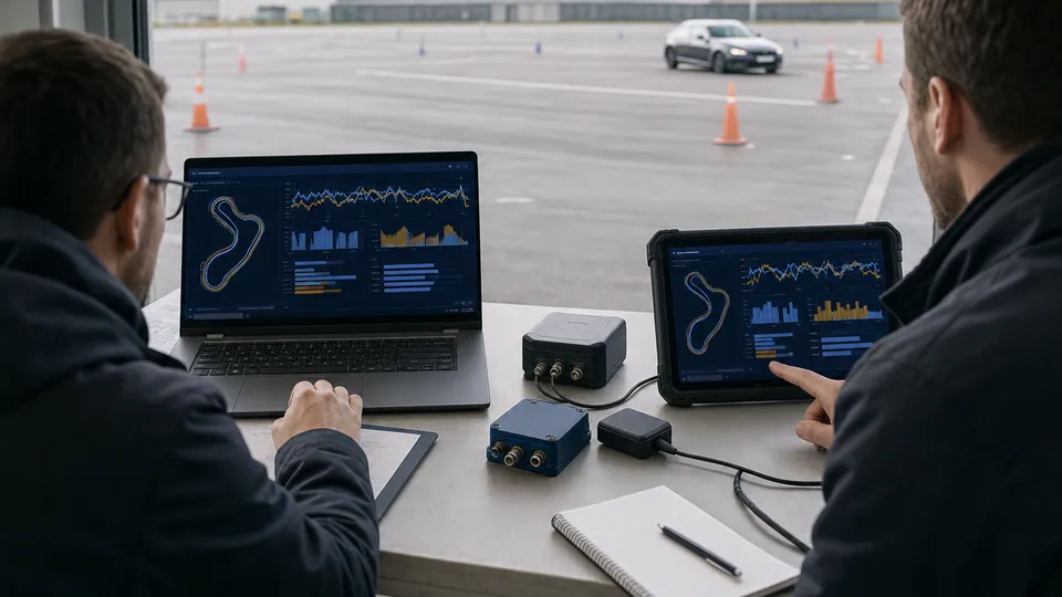 Tecnici che confrontano sessioni telemetriche su un circuito di prova