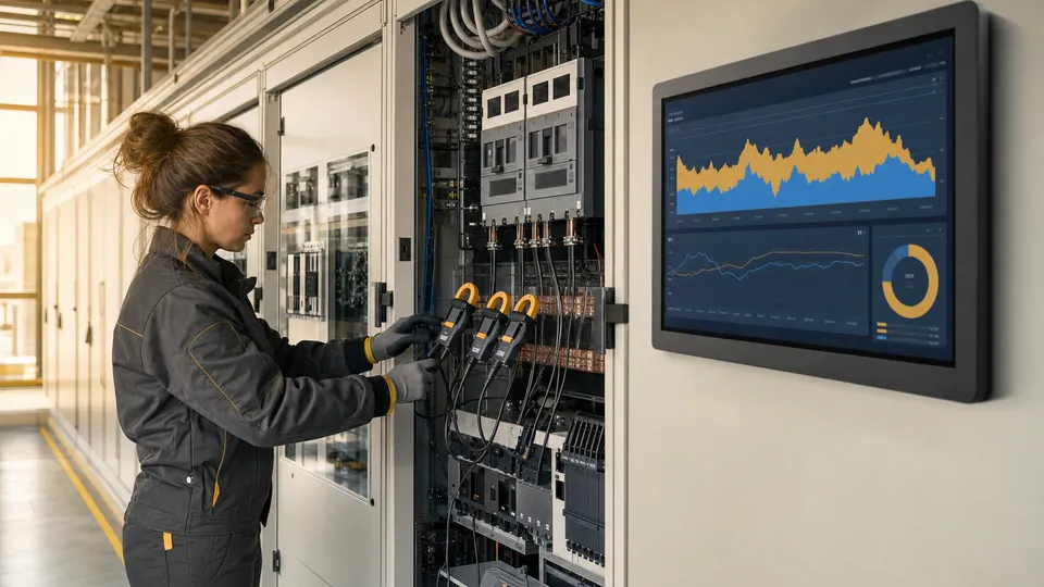 Tecnica che verifica misure elettriche e dashboard in un impianto industriale